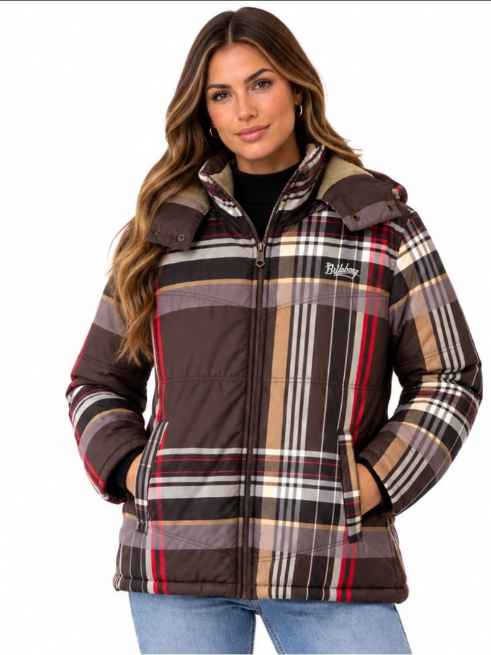 Billabong Unissex Plaid Hooded Puffer Jacket Medium Brown Red Y2K Winter Coat